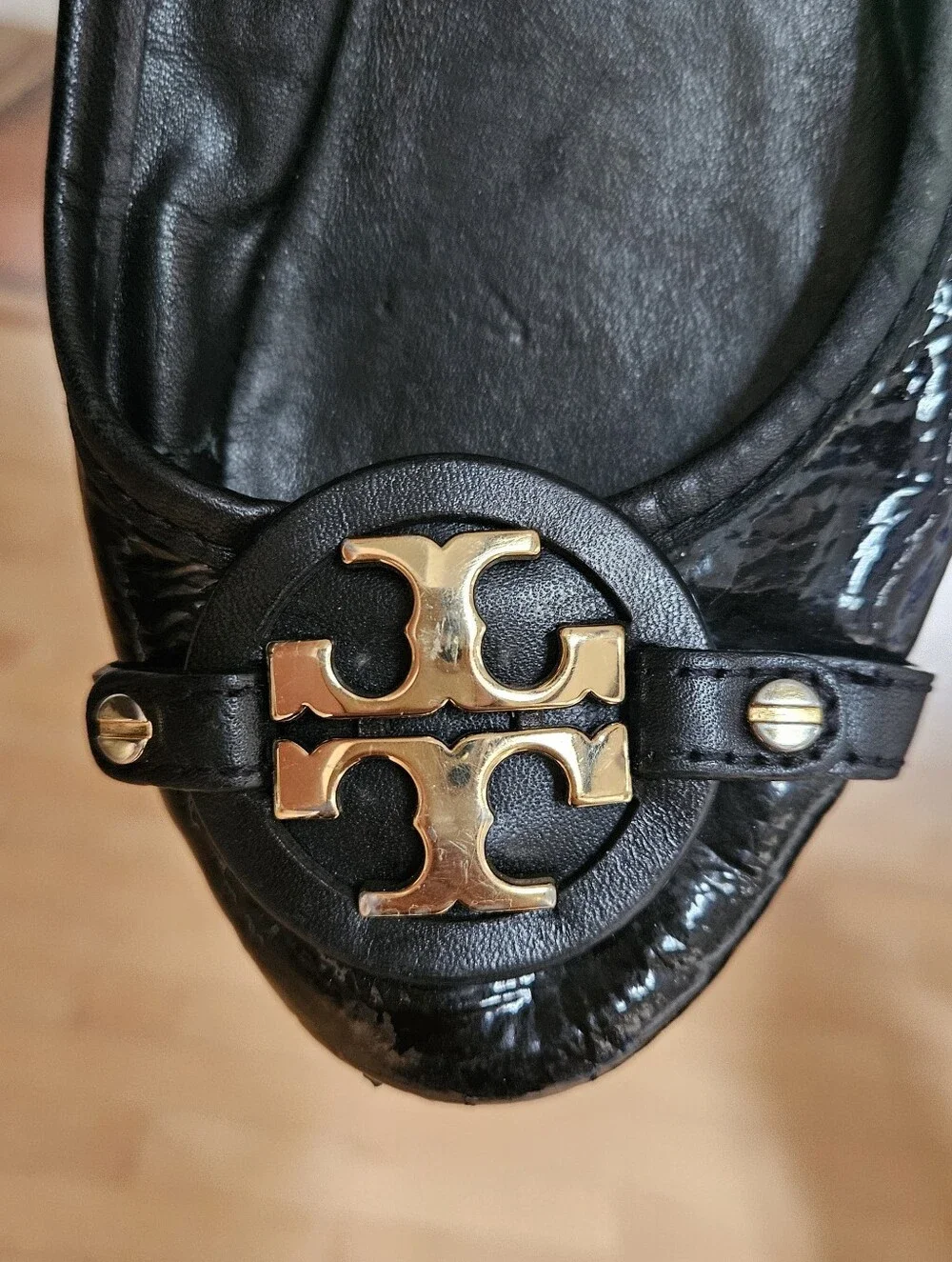Tory Burch Black Patent Leather Logo Flats with Gold Emblem